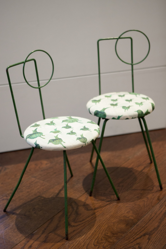 An adorably chic pair of vintage Green Iron Modernist Chairs c. 1930