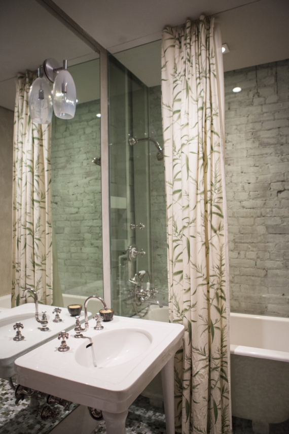 Textures and prints bring the upstairs bathroom to life. Photo Credit: Megan Swann, Editor at Large 